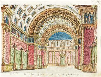 METRODORO CONTI (1810-1887) Group of 6 scenic designs for Verdis I Lombardi and 3 designs Donizettis Marino Faliero.